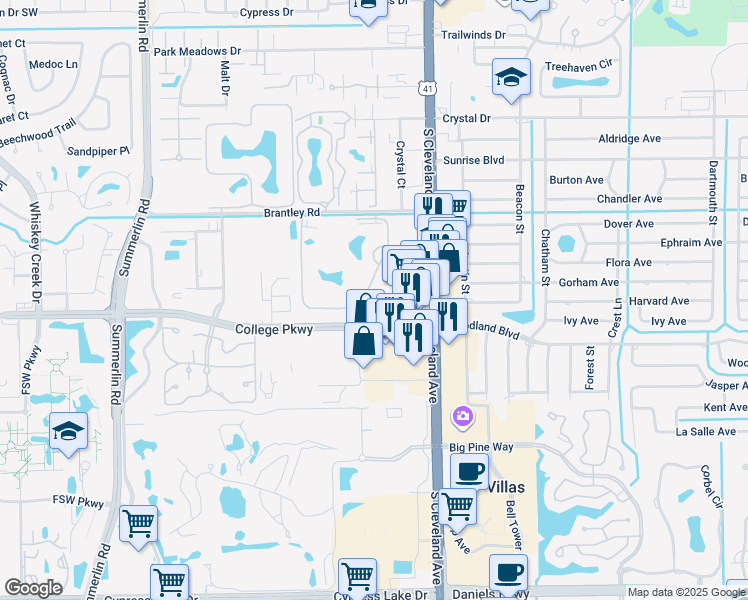 map of restaurants, bars, coffee shops, grocery stores, and more near 7130 College Parkway in Fort Myers