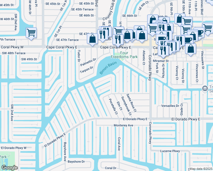 map of restaurants, bars, coffee shops, grocery stores, and more near 431 Pinecrest Court in Cape Coral