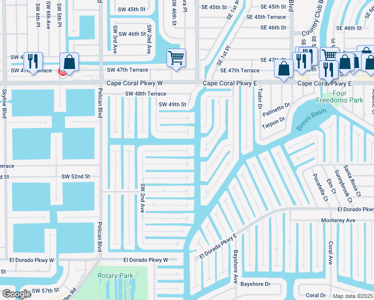 map of restaurants, bars, coffee shops, grocery stores, and more near 115-113 Southwest 51st Street in Cape Coral
