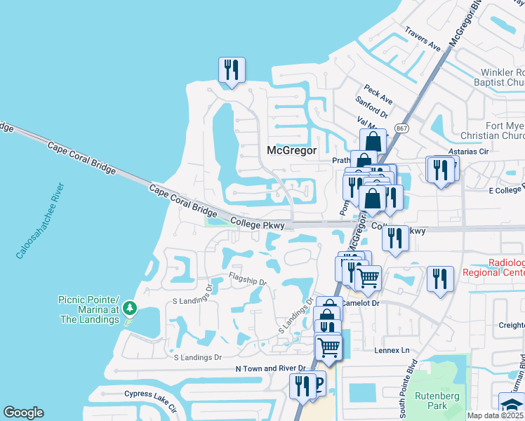 map of restaurants, bars, coffee shops, grocery stores, and more near 4283 Island Circle in Fort Myers