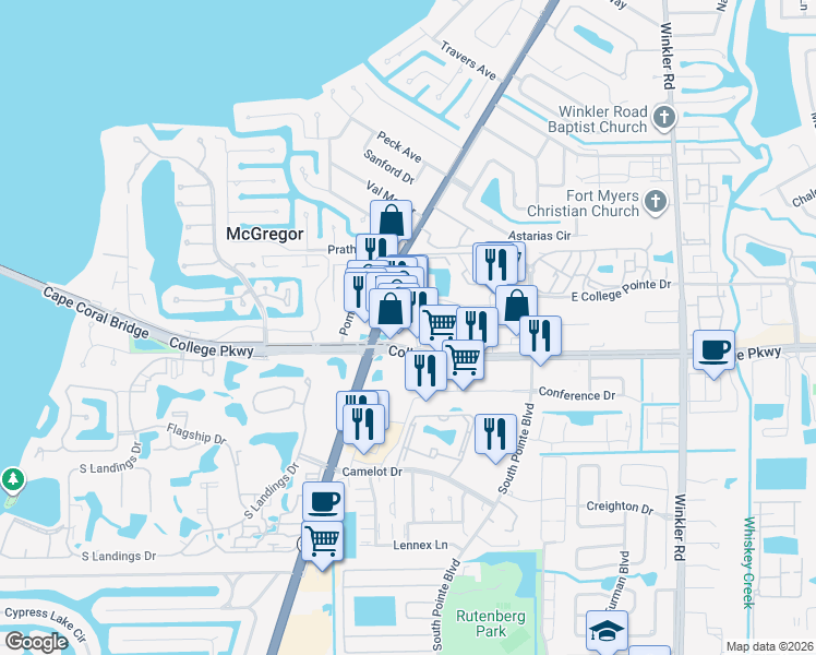 map of restaurants, bars, coffee shops, grocery stores, and more near 12709 McGregor Boulevard in Fort Myers