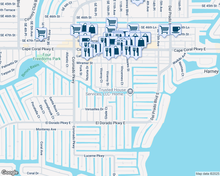 map of restaurants, bars, coffee shops, grocery stores, and more near 4975 Viceroy Street in Cape Coral