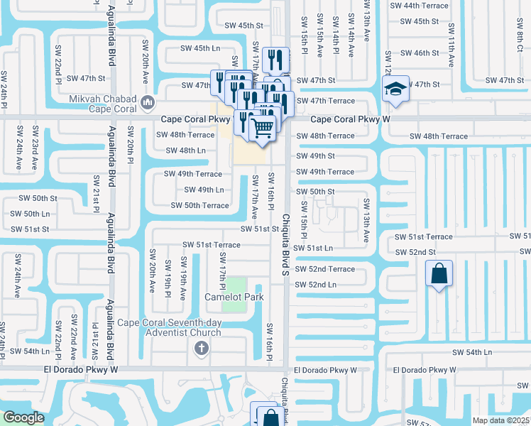 map of restaurants, bars, coffee shops, grocery stores, and more near 5022 Southwest 16th Place in Cape Coral