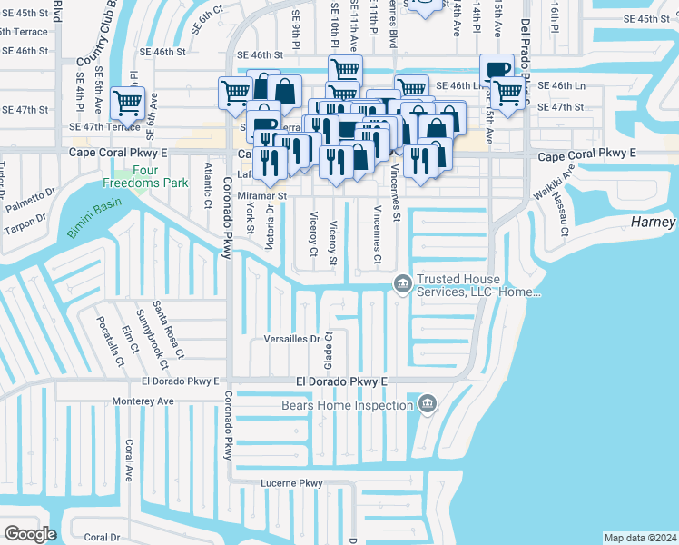 map of restaurants, bars, coffee shops, grocery stores, and more near 4975 Viceroy Street in Cape Coral