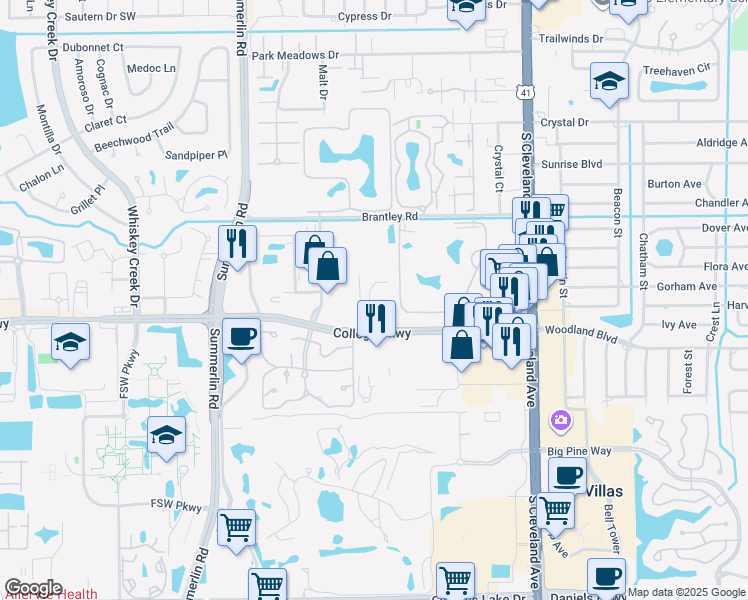 map of restaurants, bars, coffee shops, grocery stores, and more near C Hidden Tree Lane in Fort Myers