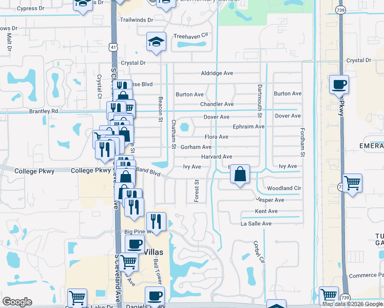 map of restaurants, bars, coffee shops, grocery stores, and more near 2237 Harvard Avenue in Fort Myers