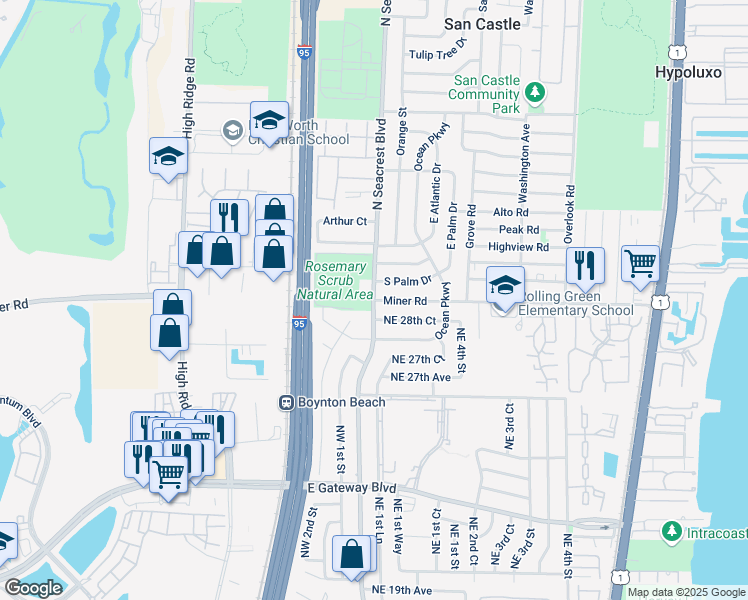 map of restaurants, bars, coffee shops, grocery stores, and more near Seacrest Blvd & Miner Rd in Boynton Beach