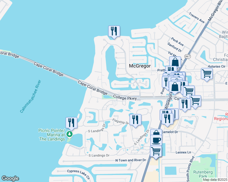 map of restaurants, bars, coffee shops, grocery stores, and more near 4289 Island Circle in Fort Myers