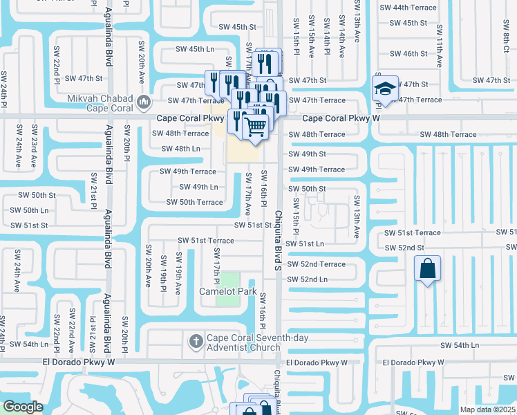 map of restaurants, bars, coffee shops, grocery stores, and more near 5022 Southwest 16th Place in Cape Coral