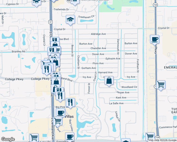 map of restaurants, bars, coffee shops, grocery stores, and more near 2237 Harvard Avenue in Fort Myers