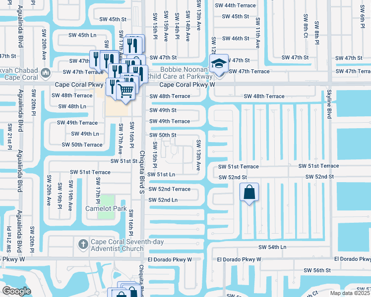 map of restaurants, bars, coffee shops, grocery stores, and more near 1420 Southwest Courtyards Terrace in Cape Coral