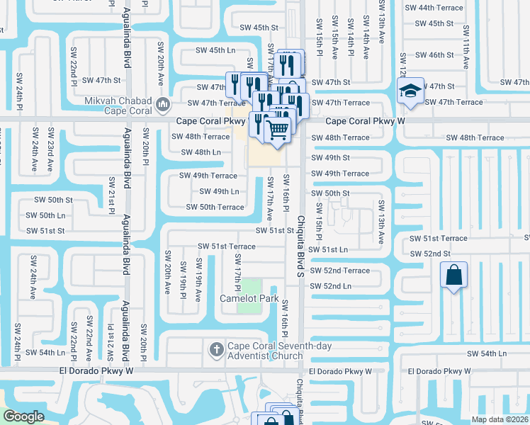 map of restaurants, bars, coffee shops, grocery stores, and more near in Cape Coral