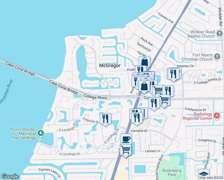 map of restaurants, bars, coffee shops, grocery stores, and more near 4275 Island Circle in Fort Myers
