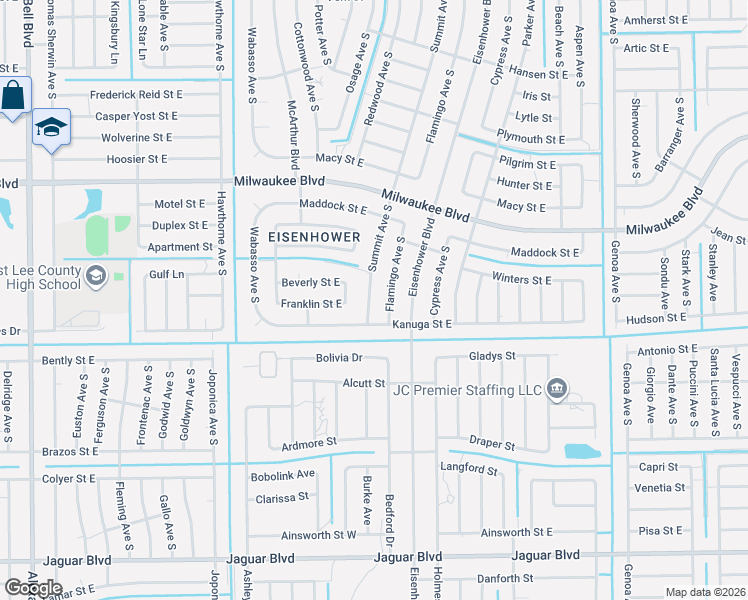 map of restaurants, bars, coffee shops, grocery stores, and more near 636 Flamingo Avenue South in Lehigh Acres