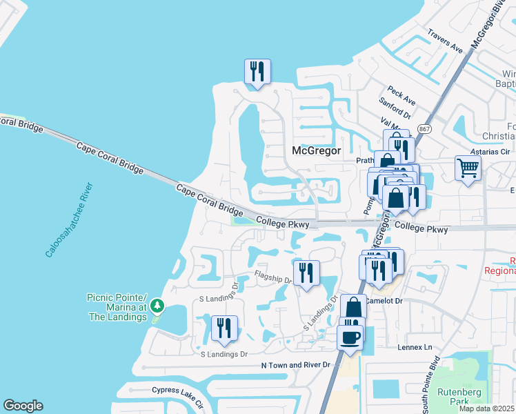 map of restaurants, bars, coffee shops, grocery stores, and more near 4289 Island Circle in Fort Myers