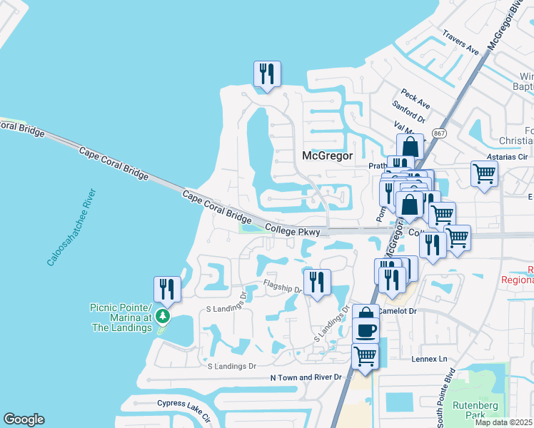 map of restaurants, bars, coffee shops, grocery stores, and more near 4289 Island Circle in Fort Myers