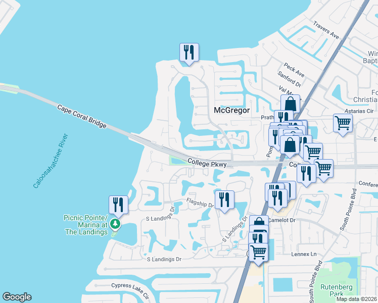 map of restaurants, bars, coffee shops, grocery stores, and more near 4289 Island Circle in Fort Myers
