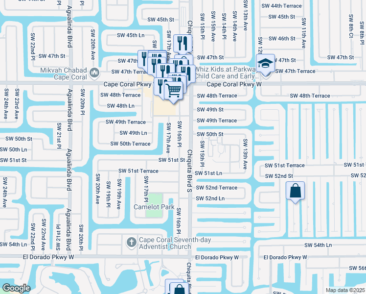 map of restaurants, bars, coffee shops, grocery stores, and more near 5022 Southwest 16th Place in Cape Coral