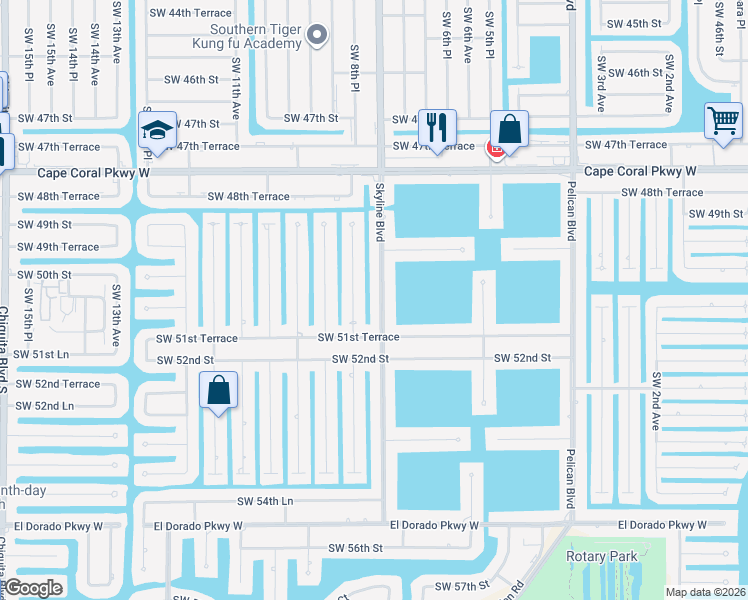 map of restaurants, bars, coffee shops, grocery stores, and more near 5023 Southwest 8th Place in Cape Coral