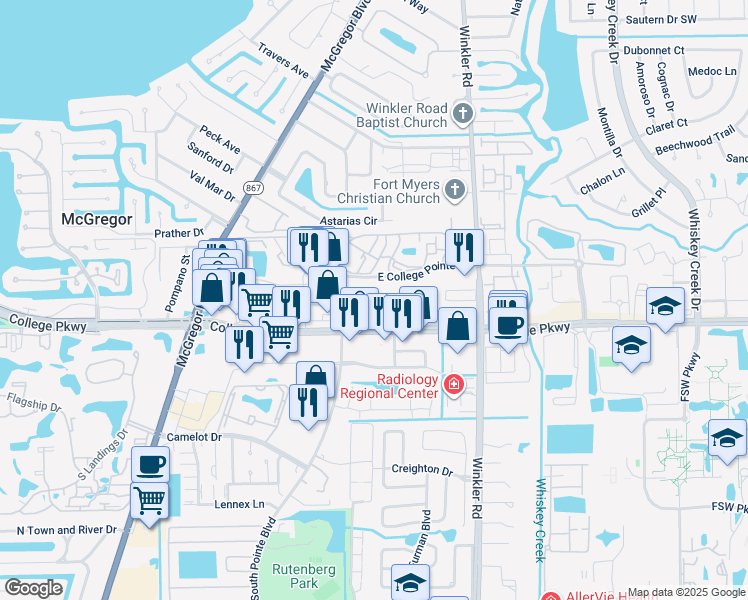 map of restaurants, bars, coffee shops, grocery stores, and more near 8910 College Parkway in Fort Myers