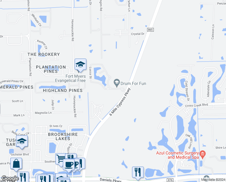 map of restaurants, bars, coffee shops, grocery stores, and more near 7160 Bergamo Way in Fort Myers