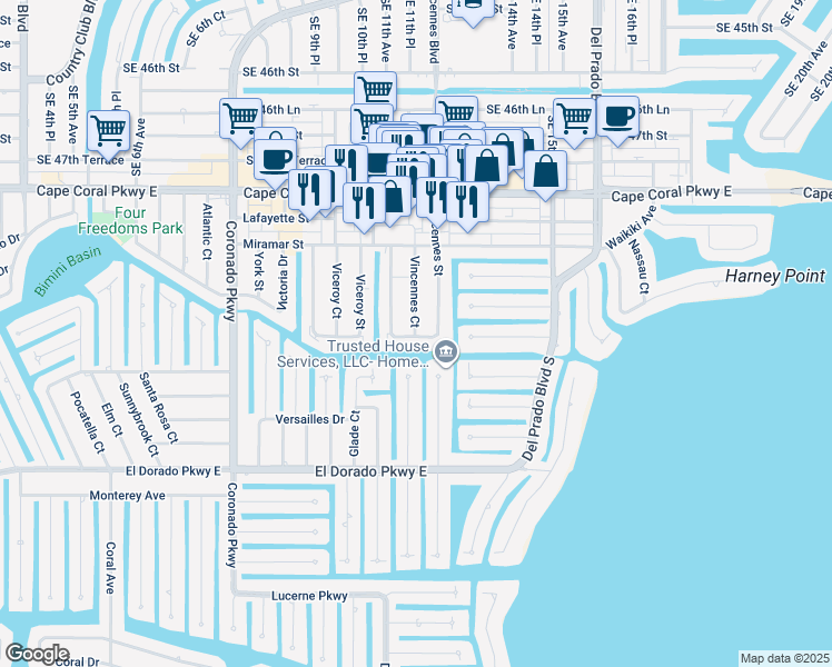 map of restaurants, bars, coffee shops, grocery stores, and more near 4934 Vincennes Street in Cape Coral
