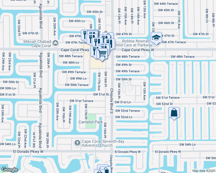 map of restaurants, bars, coffee shops, grocery stores, and more near 5022 Southwest 16th Place in Cape Coral