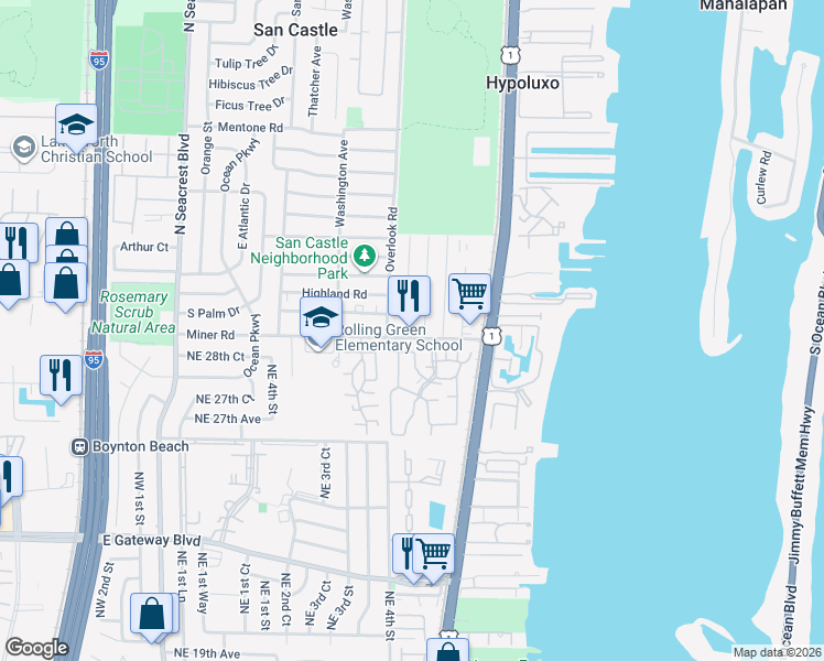 map of restaurants, bars, coffee shops, grocery stores, and more near 977 Miner Road in Lantana