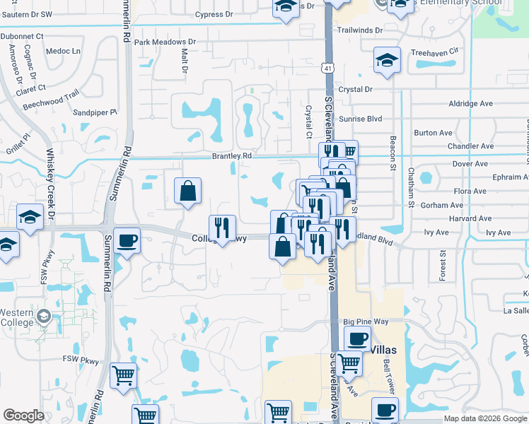 map of restaurants, bars, coffee shops, grocery stores, and more near 12620 Equestrian Circle in Fort Myers