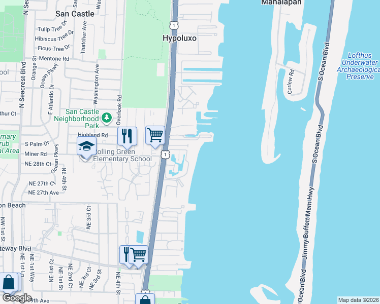 map of restaurants, bars, coffee shops, grocery stores, and more near 98 North Lakeshore Drive in Hypoluxo