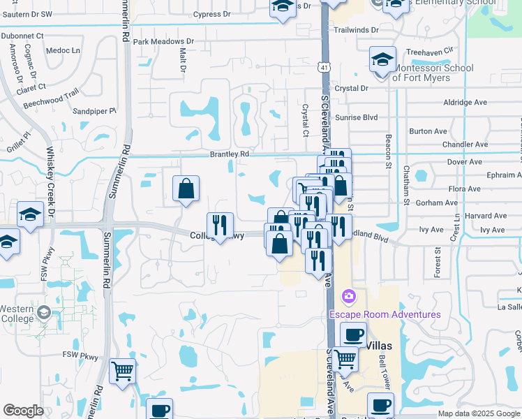 map of restaurants, bars, coffee shops, grocery stores, and more near 12620 Equestrian Circle in Fort Myers