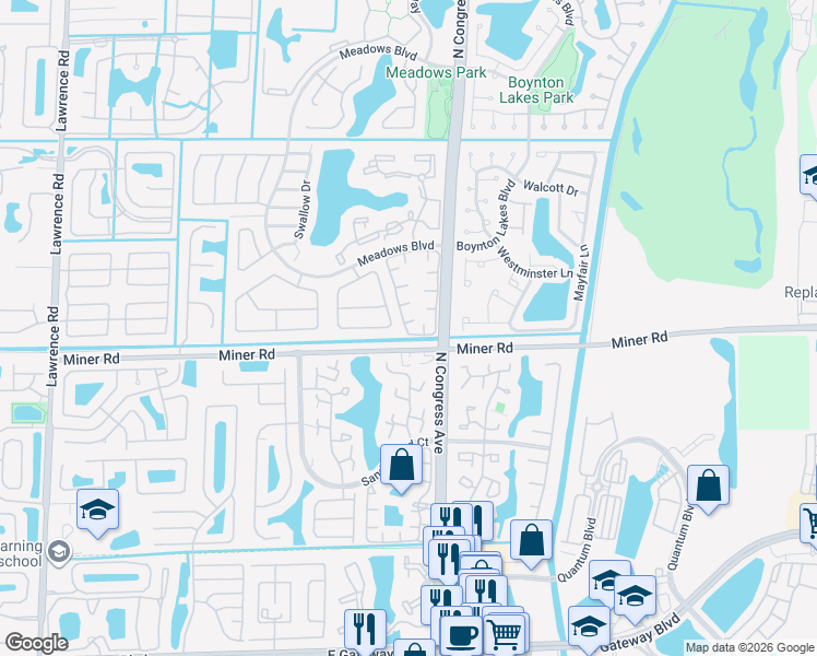 map of restaurants, bars, coffee shops, grocery stores, and more near 172 Meadows Drive in Boynton Beach
