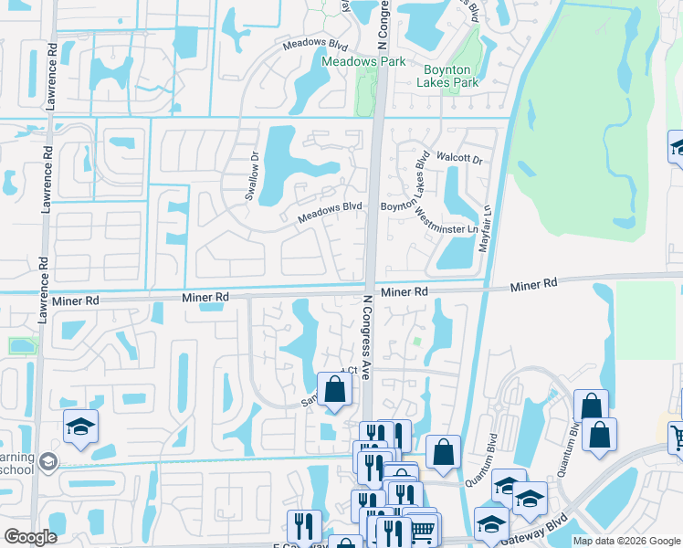 map of restaurants, bars, coffee shops, grocery stores, and more near 20 Baytree Circle in Boynton Beach