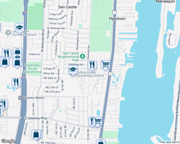 map of restaurants, bars, coffee shops, grocery stores, and more near 977 Miner Road in Lantana