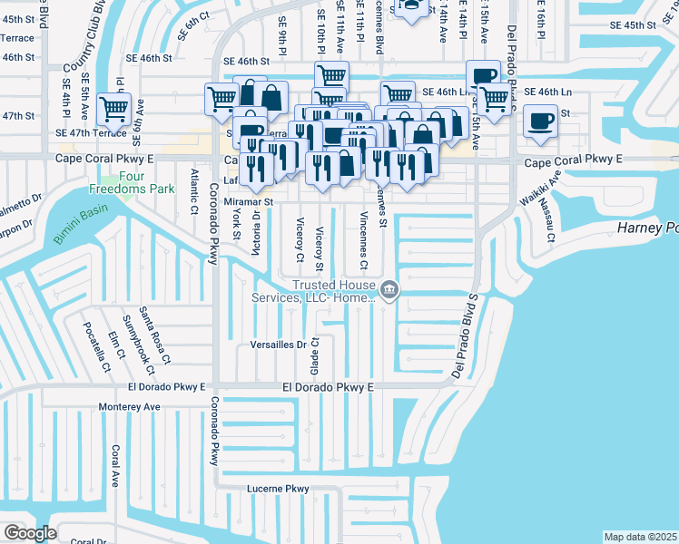 map of restaurants, bars, coffee shops, grocery stores, and more near 4975 Viceroy Street in Cape Coral