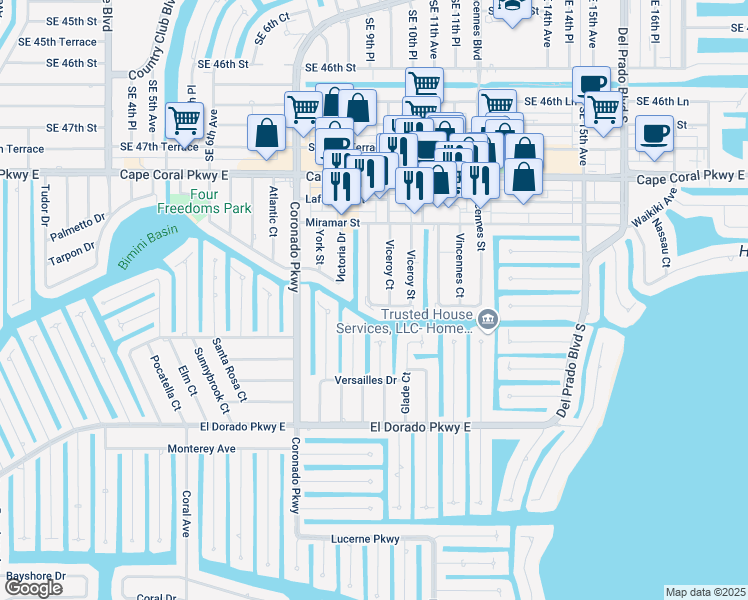 map of restaurants, bars, coffee shops, grocery stores, and more near 4932 Viceroy Street in Cape Coral