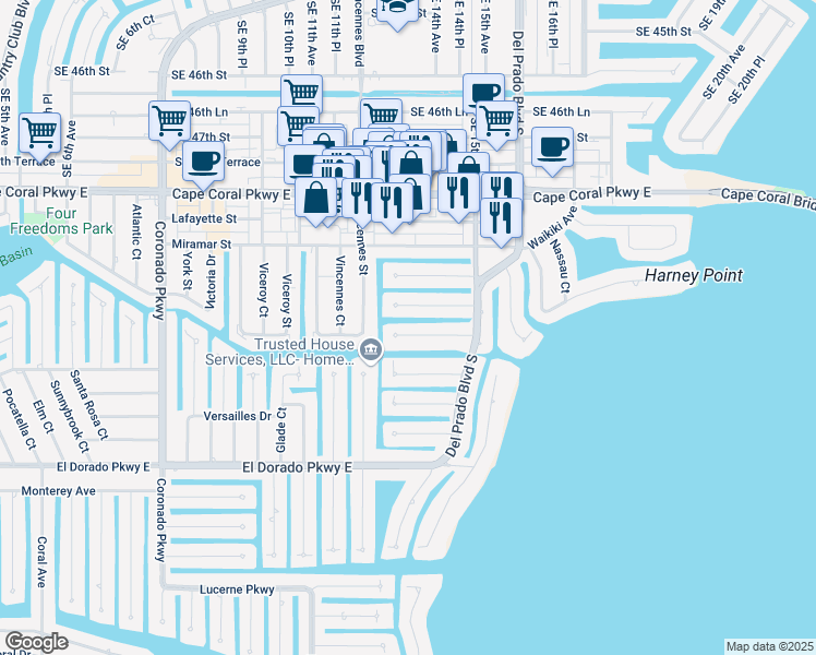 map of restaurants, bars, coffee shops, grocery stores, and more near 1424 Viking Court in Cape Coral