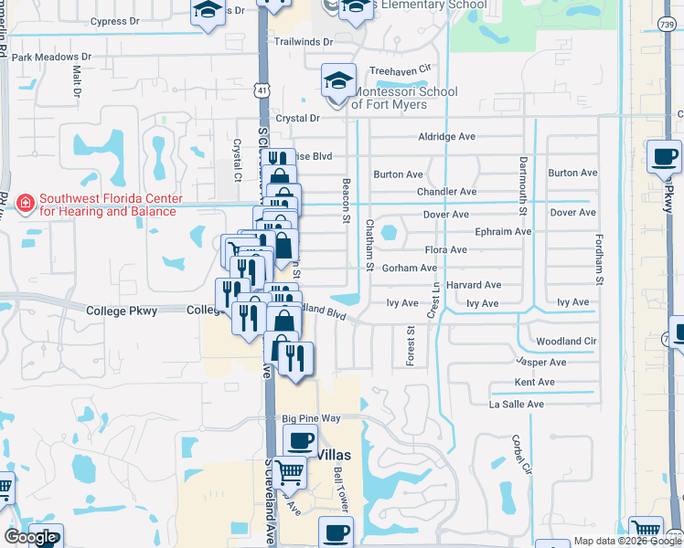 map of restaurants, bars, coffee shops, grocery stores, and more near 2143 Harvard Avenue in Fort Myers