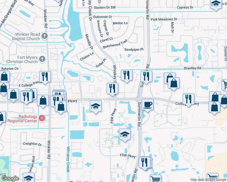 map of restaurants, bars, coffee shops, grocery stores, and more near 6100 Whiskey Creek Drive in Fort Myers