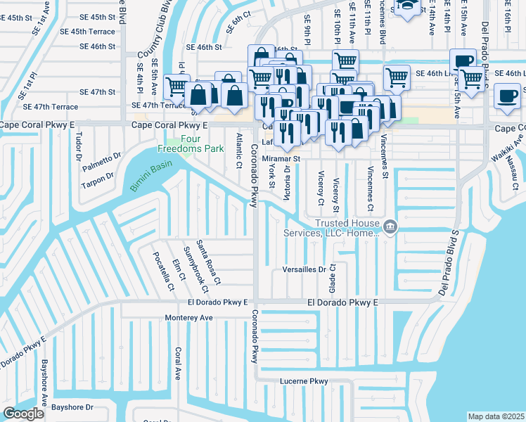 map of restaurants, bars, coffee shops, grocery stores, and more near 5110 York Court in Cape Coral