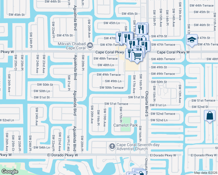 map of restaurants, bars, coffee shops, grocery stores, and more near 1822 Southwest 50th Terrace in Cape Coral