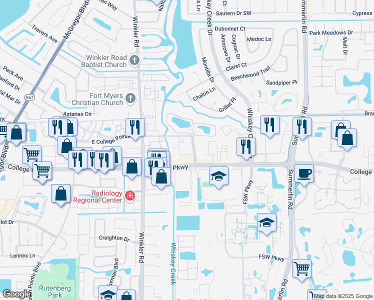 map of restaurants, bars, coffee shops, grocery stores, and more near 12681 Creekside Lane in Fort Myers
