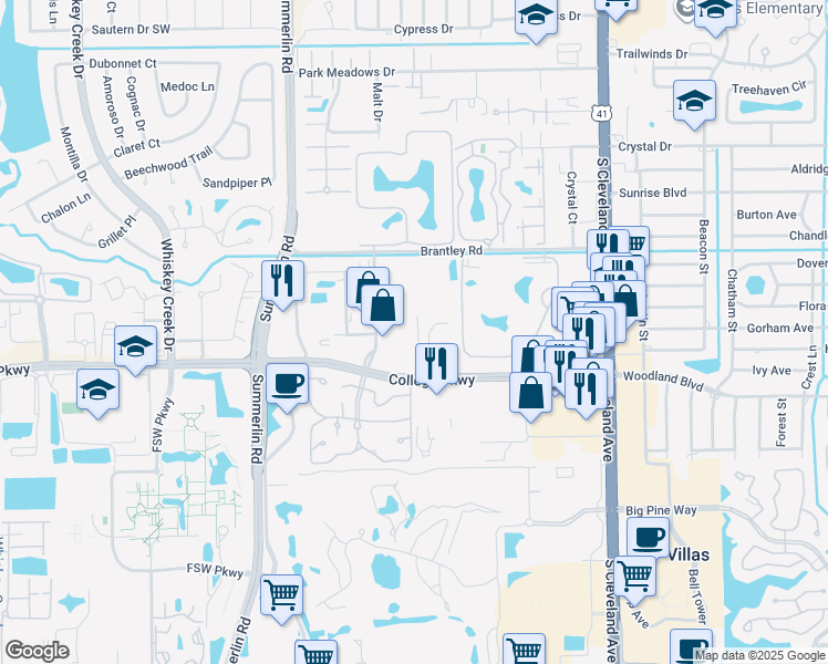 map of restaurants, bars, coffee shops, grocery stores, and more near C Hidden Tree Lane in Fort Myers