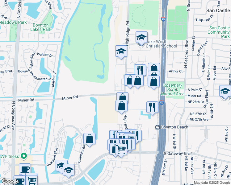 map of restaurants, bars, coffee shops, grocery stores, and more near 975 Miner Road in Lantana