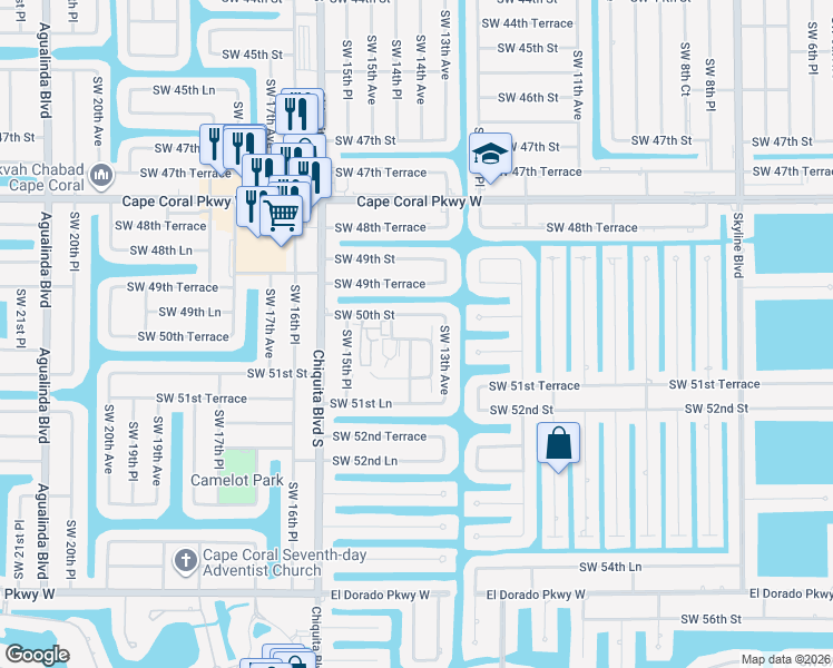 map of restaurants, bars, coffee shops, grocery stores, and more near 1420 Southwest Courtyards Terrace in Cape Coral