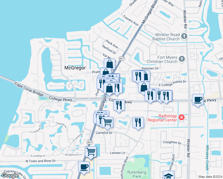 map of restaurants, bars, coffee shops, grocery stores, and more near 12709 McGregor Boulevard in Fort Myers