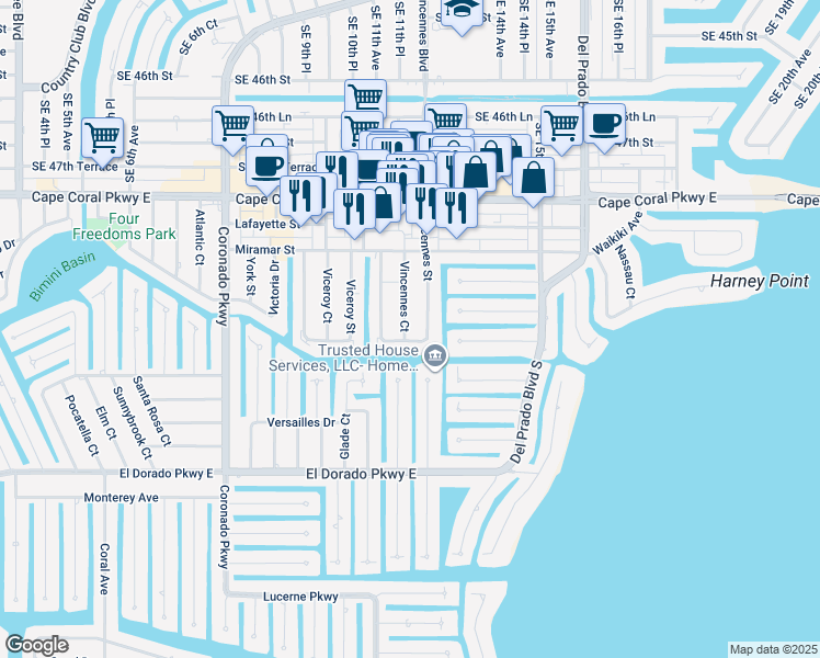 map of restaurants, bars, coffee shops, grocery stores, and more near 4934 Vincennes Street in Cape Coral