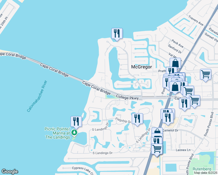 map of restaurants, bars, coffee shops, grocery stores, and more near 4295 Island Circle in Fort Myers