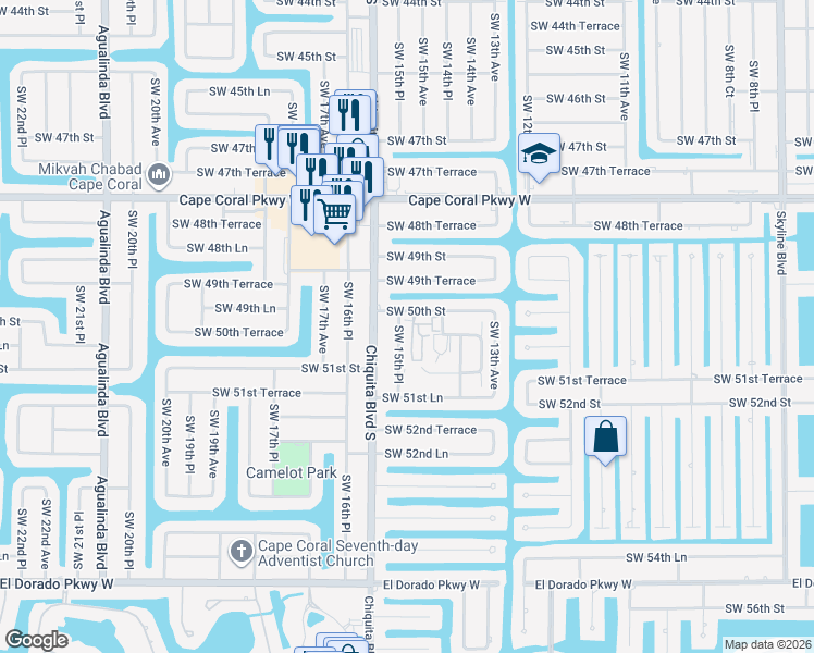 map of restaurants, bars, coffee shops, grocery stores, and more near 1508 Southwest 50th Street in Cape Coral