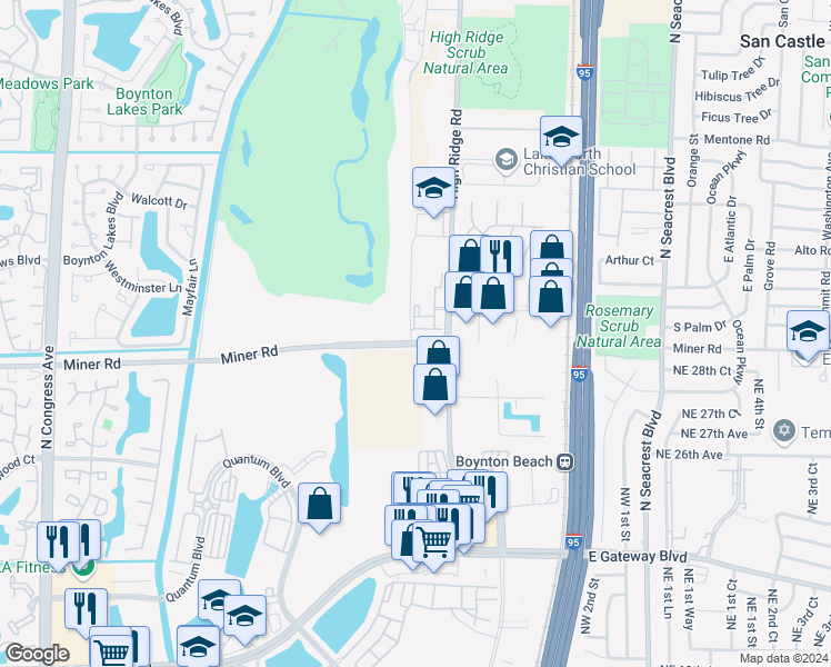 map of restaurants, bars, coffee shops, grocery stores, and more near 975 Miner Road in Lantana